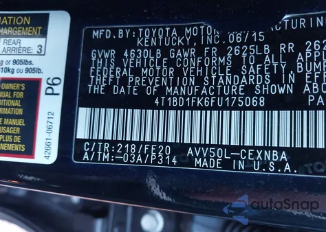 2015 Toyota Camry Hybrid Le z USA, uszkodzony, nr VIN 4T1BD1FK6FU175068